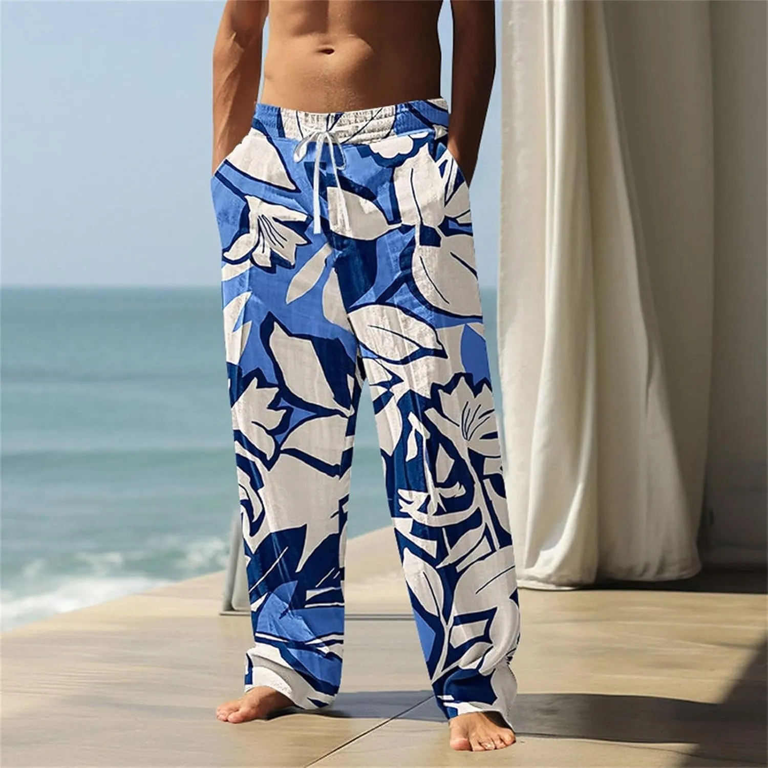 Mens Beach Pants Summer Tropical Plants Print Lightweight Baggy Vacation Slacks Plus Size Drawstring Casual Trousers