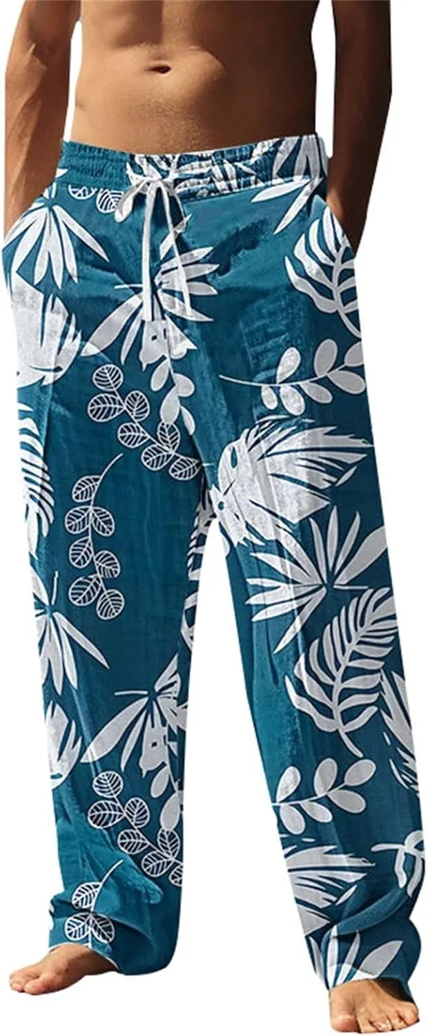 Mens Beach Pants Summer Tropical Plants Print Lightweight Baggy Vacation Slacks Plus Size Drawstring Casual Trousers