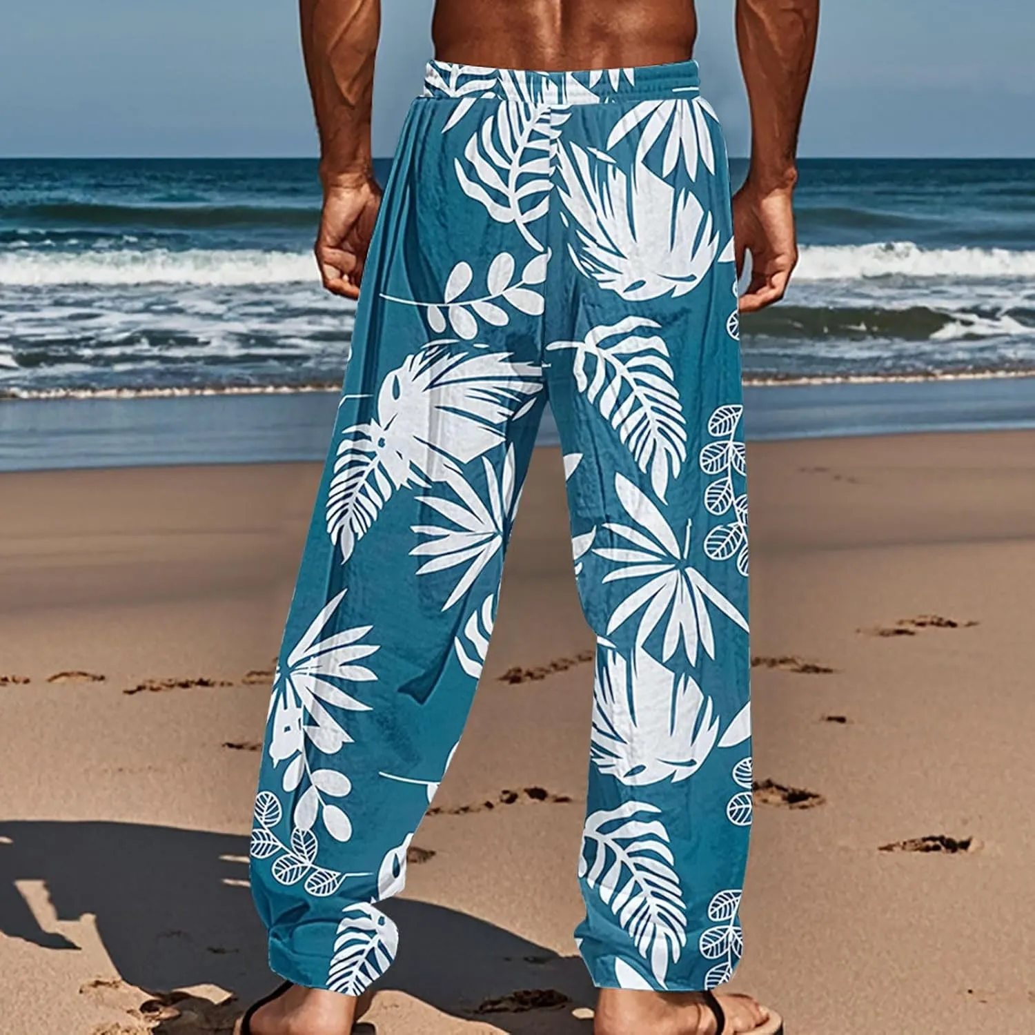 Mens Beach Pants Summer Tropical Plants Print Lightweight Baggy Vacation Slacks Plus Size Drawstring Casual Trousers