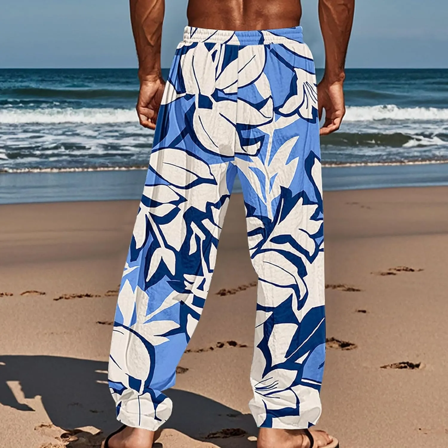 Mens Beach Pants Summer Tropical Plants Print Lightweight Baggy Vacation Slacks Plus Size Drawstring Casual Trousers