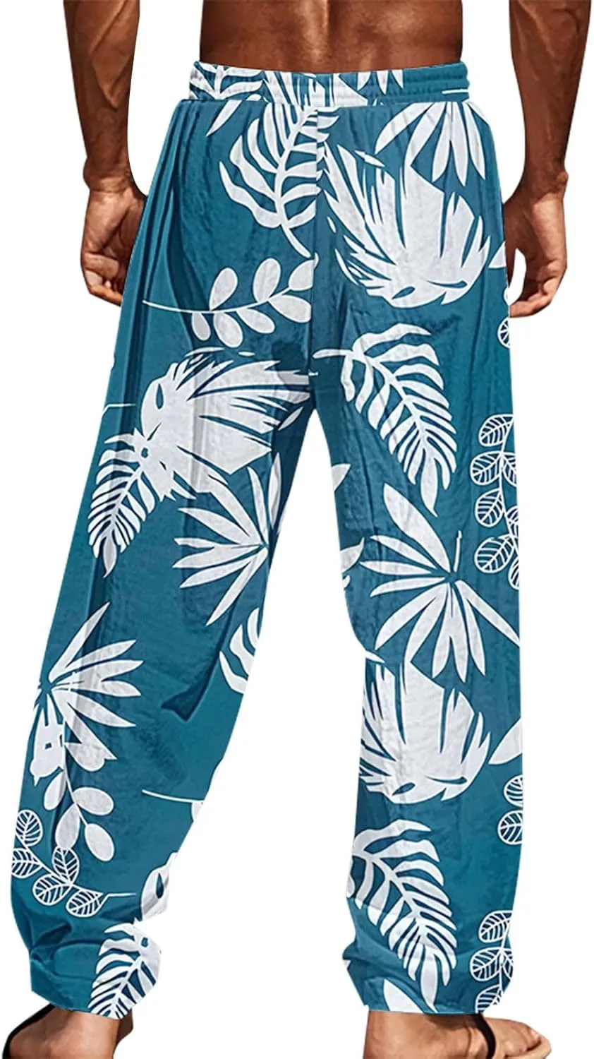 Mens Beach Pants Summer Tropical Plants Print Lightweight Baggy Vacation Slacks Plus Size Drawstring Casual Trousers