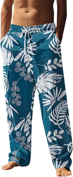 Mens Beach Pants Summer Tropical Plants Print Lightweight Baggy Vacation Slacks Plus Size Drawstring Casual Trousers
