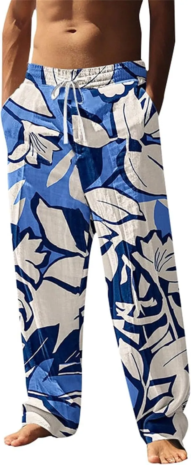 Mens Beach Pants Summer Tropical Plants Print Lightweight Baggy Vacation Slacks Plus Size Drawstring Casual Trousers