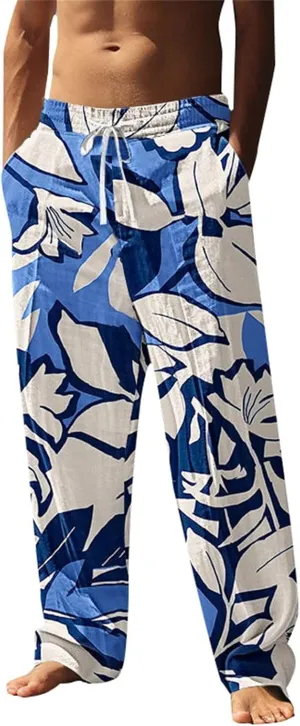 Mens Beach Pants Summer Tropical Plants Print Lightweight Baggy Vacation Slacks Plus Size Drawstring Casual Trousers