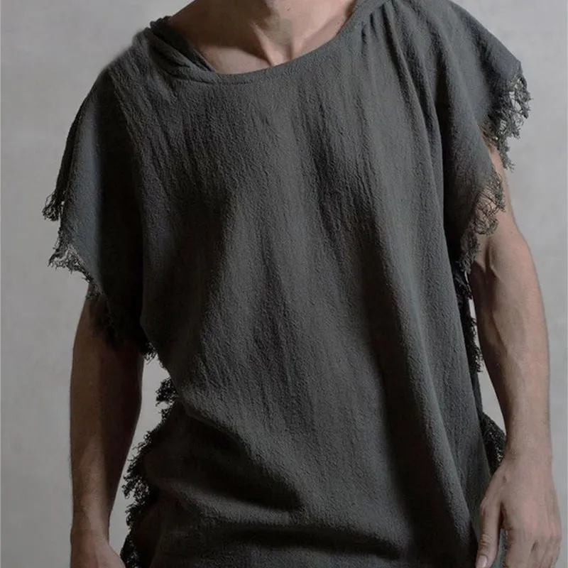 Men's Casual Linen Hooded Tassel Short-sleeved T-shirt 63106830U