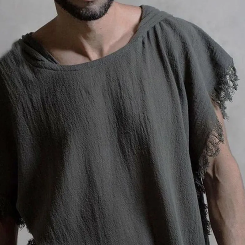 Men's Casual Linen Hooded Tassel Short-sleeved T-shirt 63106830U