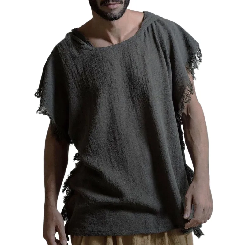 Men's Casual Linen Hooded Tassel Short-sleeved T-shirt 63106830U