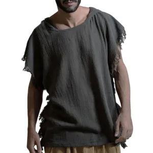 Men's Casual Linen Hooded Tassel Short-sleeved T-shirt 63106830U