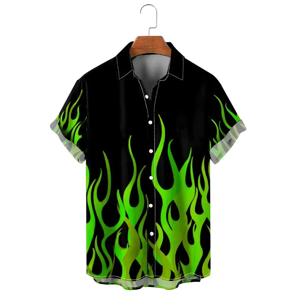 Men's Flame Print Hawaiian T-Shirt - Summer Casual Top