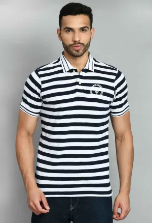 Men's Striped White Navy Smart Fit Polo T-Shirt