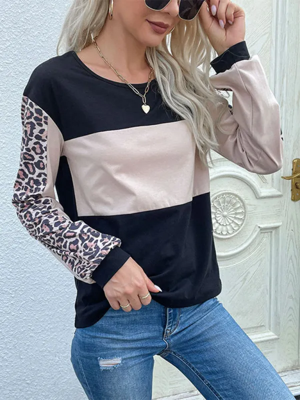 Miley New Fashion Loose Casual Top Leopard Stitching Long Sleeve T-Shirt
