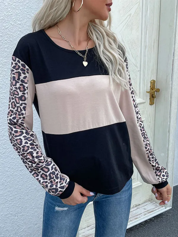 Miley New Fashion Loose Casual Top Leopard Stitching Long Sleeve T-Shirt