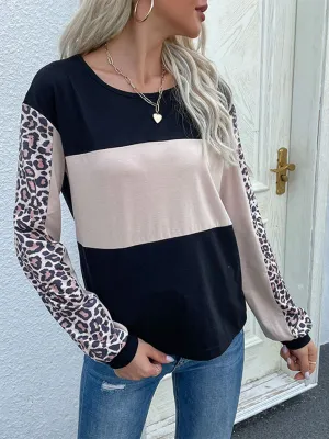 Miley New Fashion Loose Casual Top Leopard Stitching Long Sleeve T-Shirt