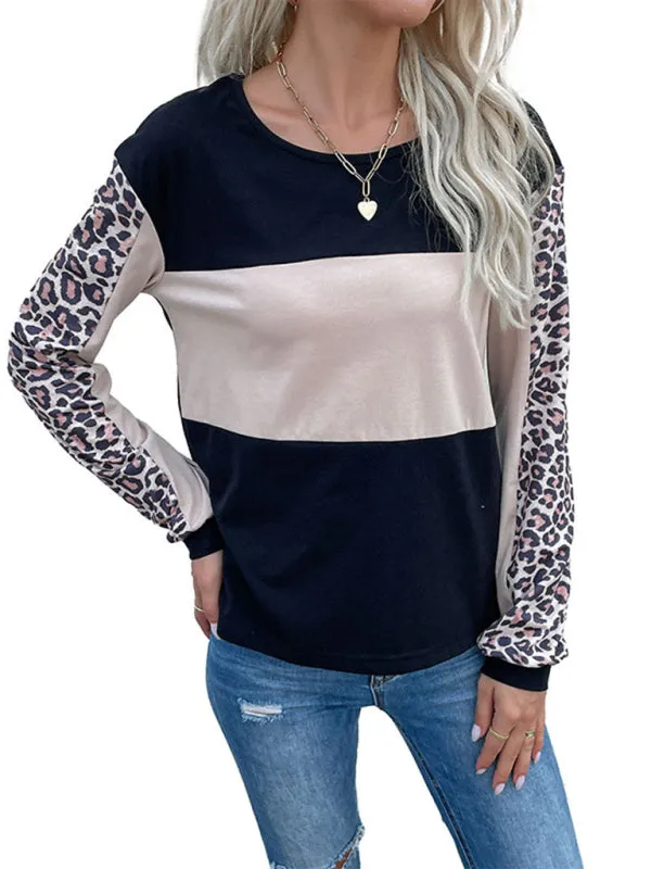 Miley New Fashion Loose Casual Top Leopard Stitching Long Sleeve T-Shirt