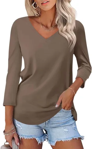 Minetom Women's V Neck 3/4 Sleeve T Shirt Solid/Color Block Casual Basic Tops Summer Tees