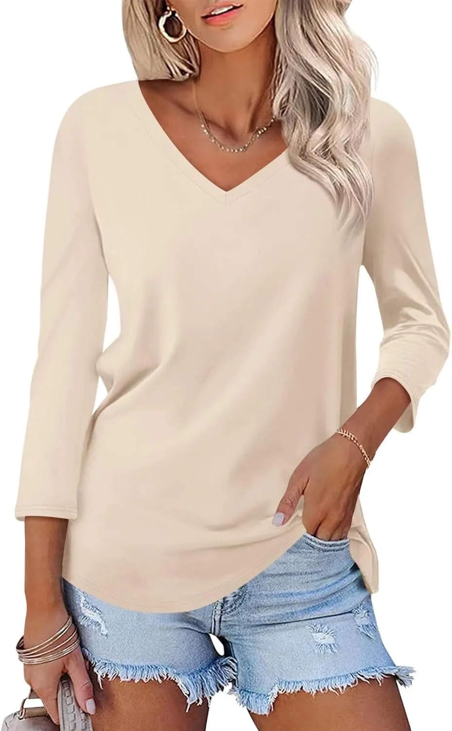 Minetom Women's V Neck 3/4 Sleeve T Shirt Solid/Color Block Casual Basic Tops Summer Tees
