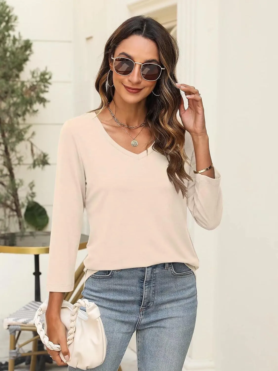 Minetom Women's V Neck 3/4 Sleeve T Shirt Solid/Color Block Casual Basic Tops Summer Tees