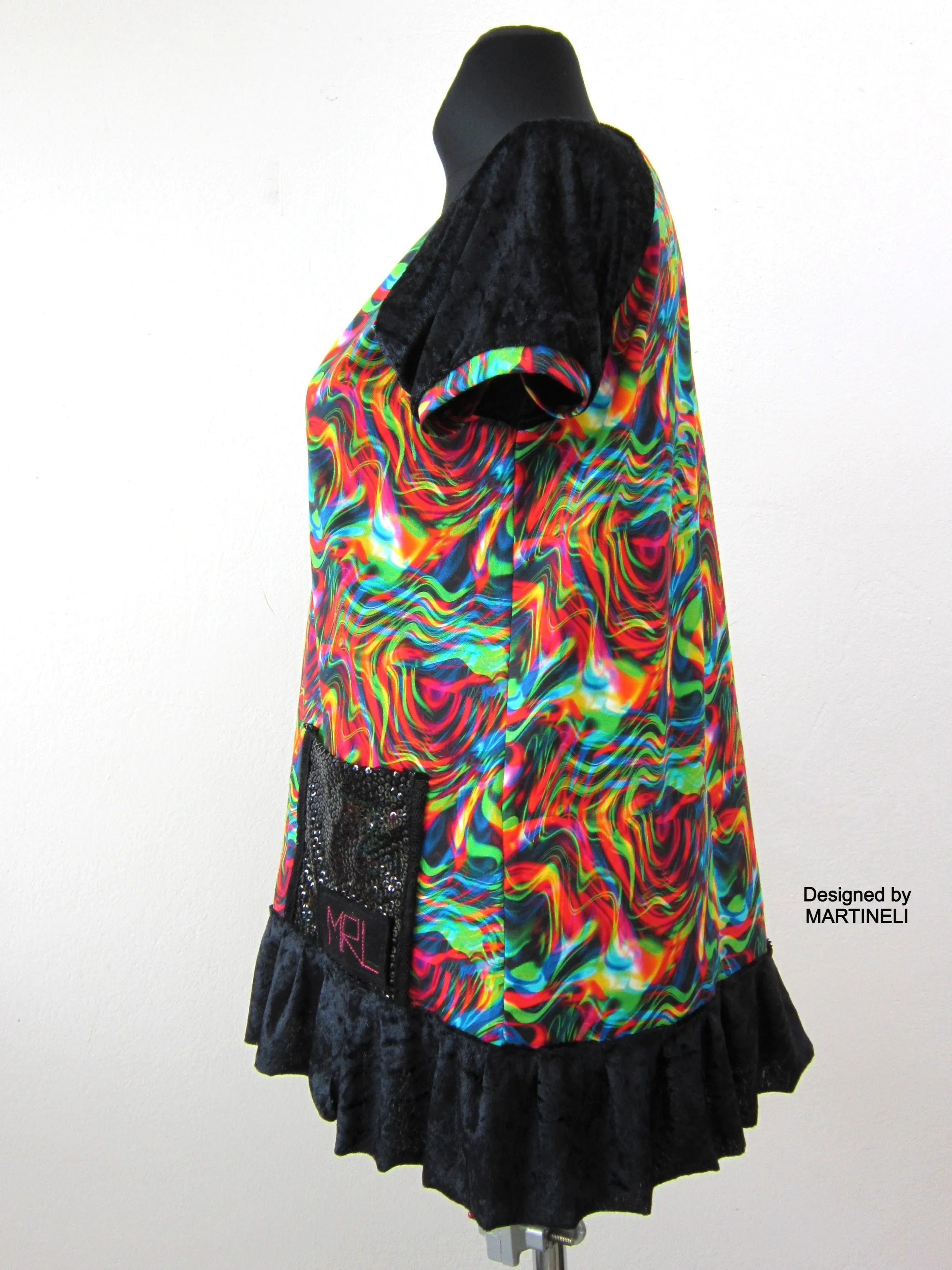 M/L Short Sleeves Cotton Tunic Dress,Abstract Print Dress