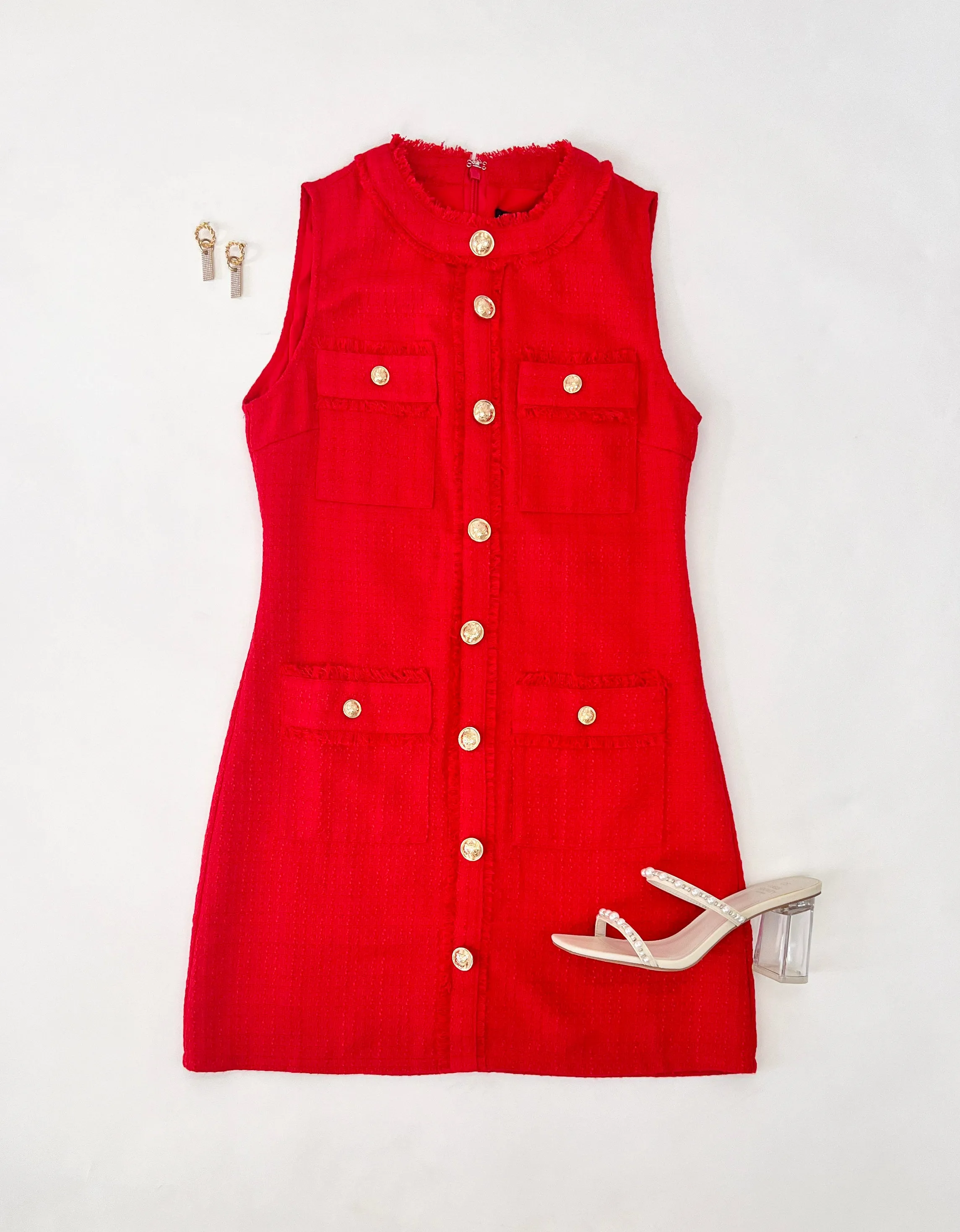 MODERNLY CHIC RED TWEED MINI DRESS