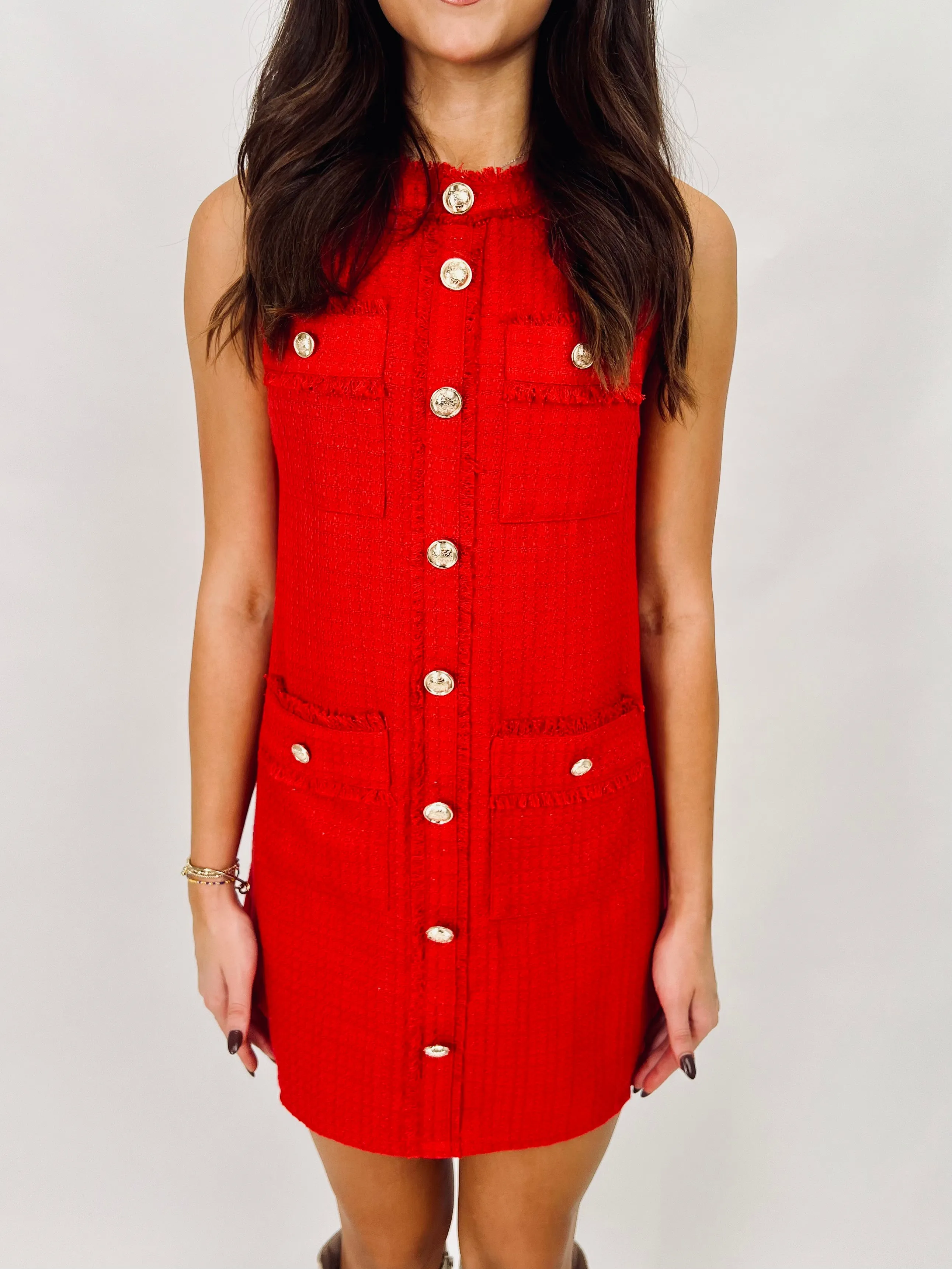 MODERNLY CHIC RED TWEED MINI DRESS