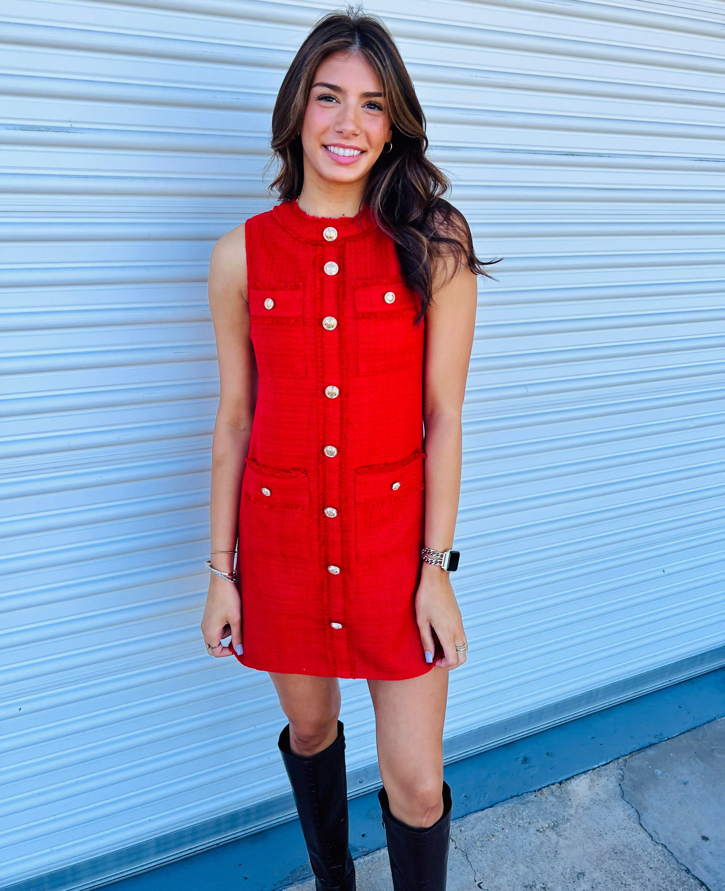 MODERNLY CHIC RED TWEED MINI DRESS