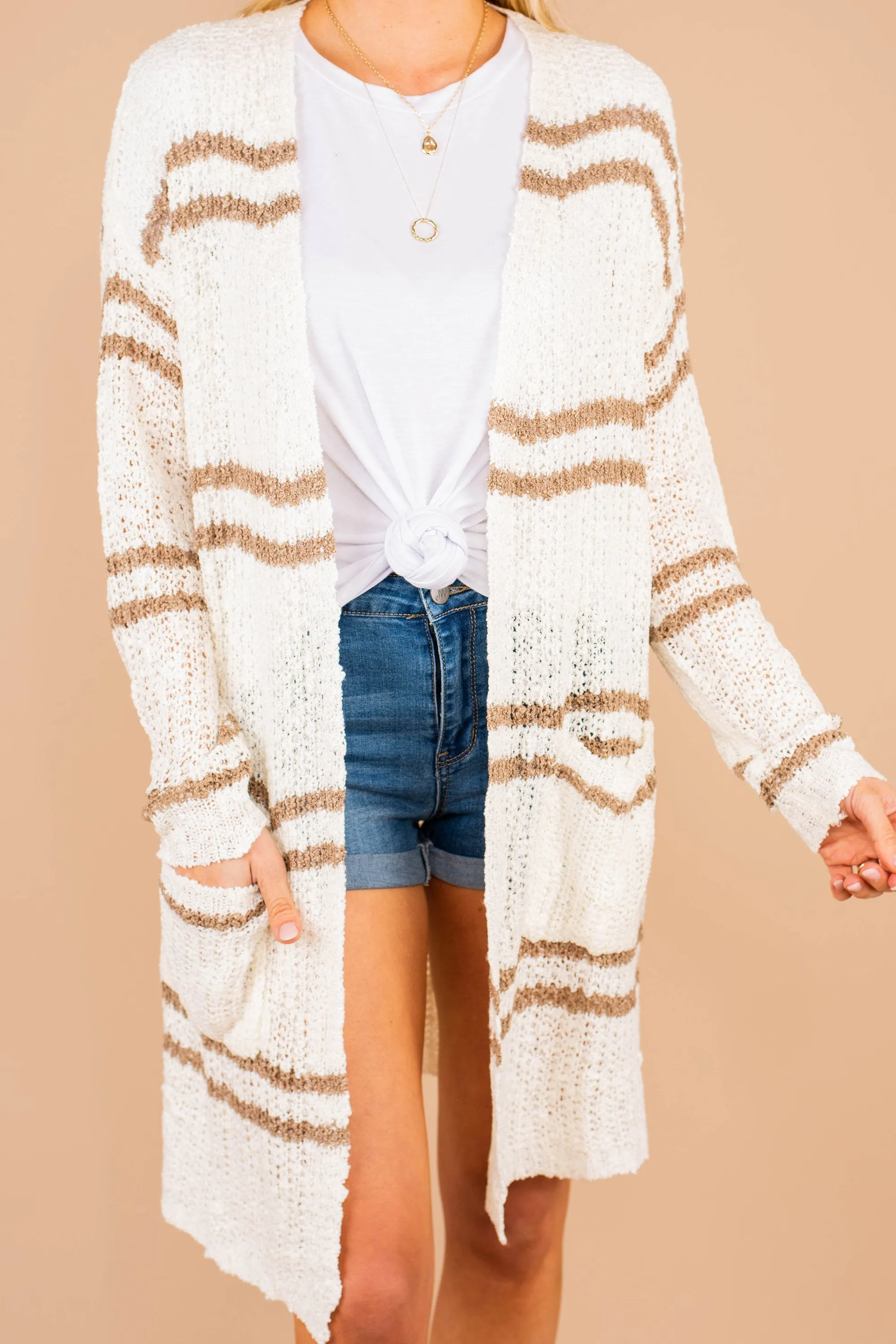 My Heart Beats Fast Ivory Taupe Striped Cardigan