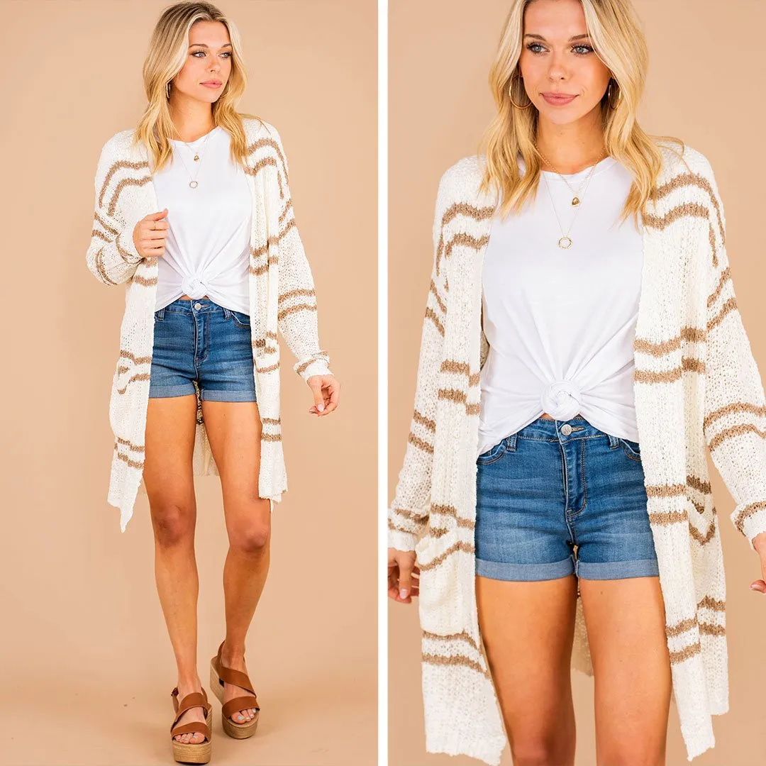 My Heart Beats Fast Ivory Taupe Striped Cardigan