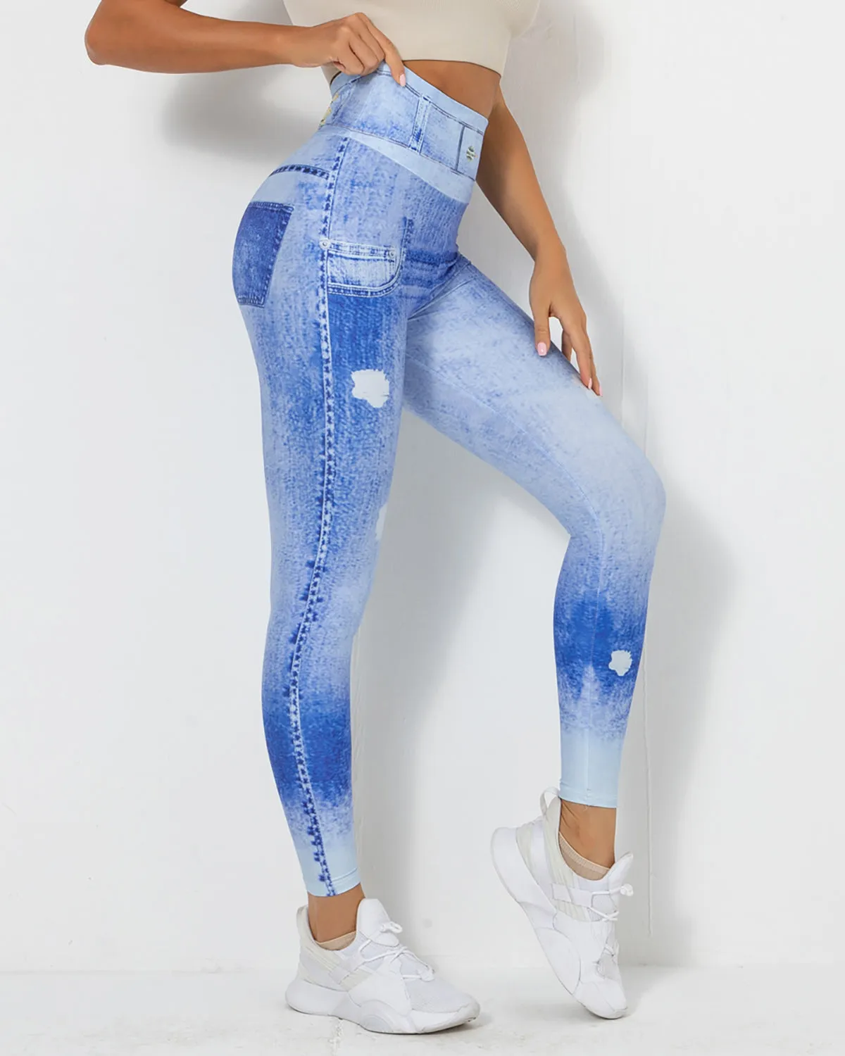 Normani Faux Denim Scrunch Leggings - Washed Blue
