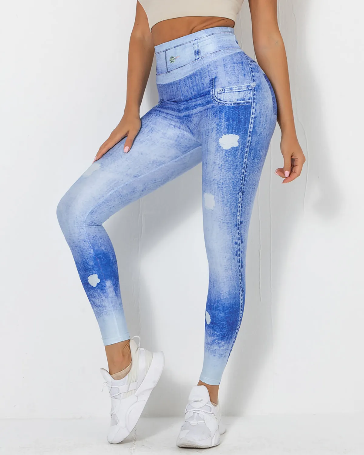 Normani Faux Denim Scrunch Leggings - Washed Blue