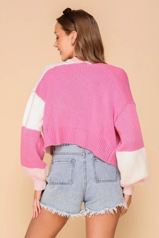 Pink Combo Color Block Open Front Cardigan