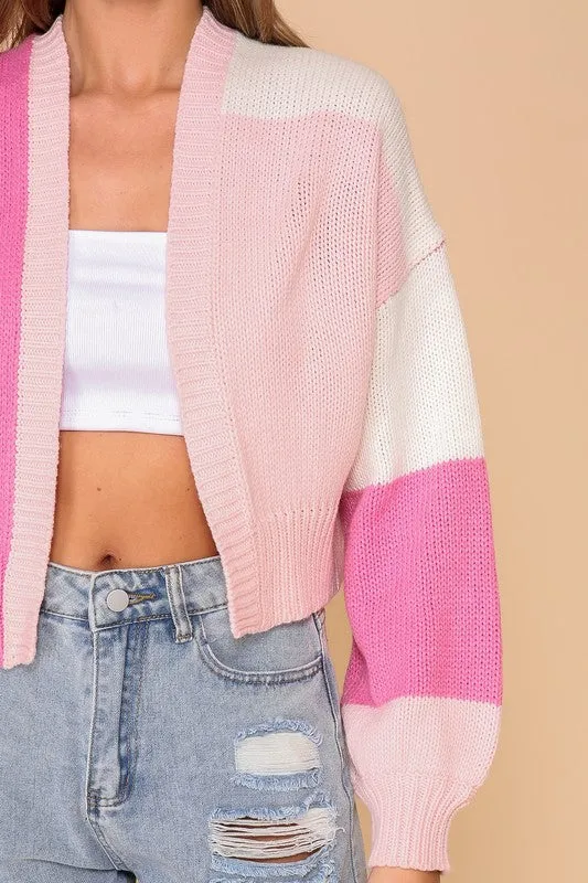 Pink Combo Color Block Open Front Cardigan