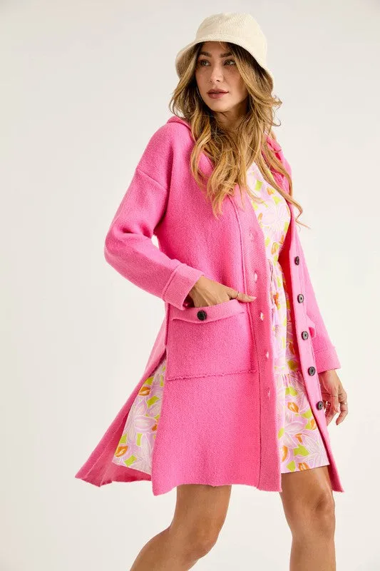 Pink Mid Length Hoodie Button Down Cardigan