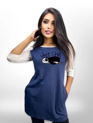 Printed Just Chill Long T-shirt Raglan Sleeve Side Pocket For Women's