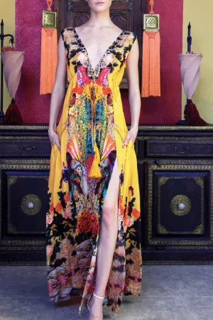 Printed Long Flowy Yellow Dress