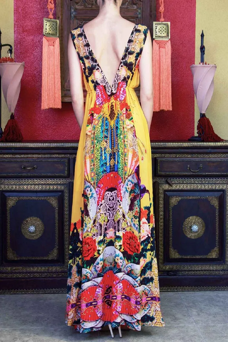 Printed Long Flowy Yellow Dress
