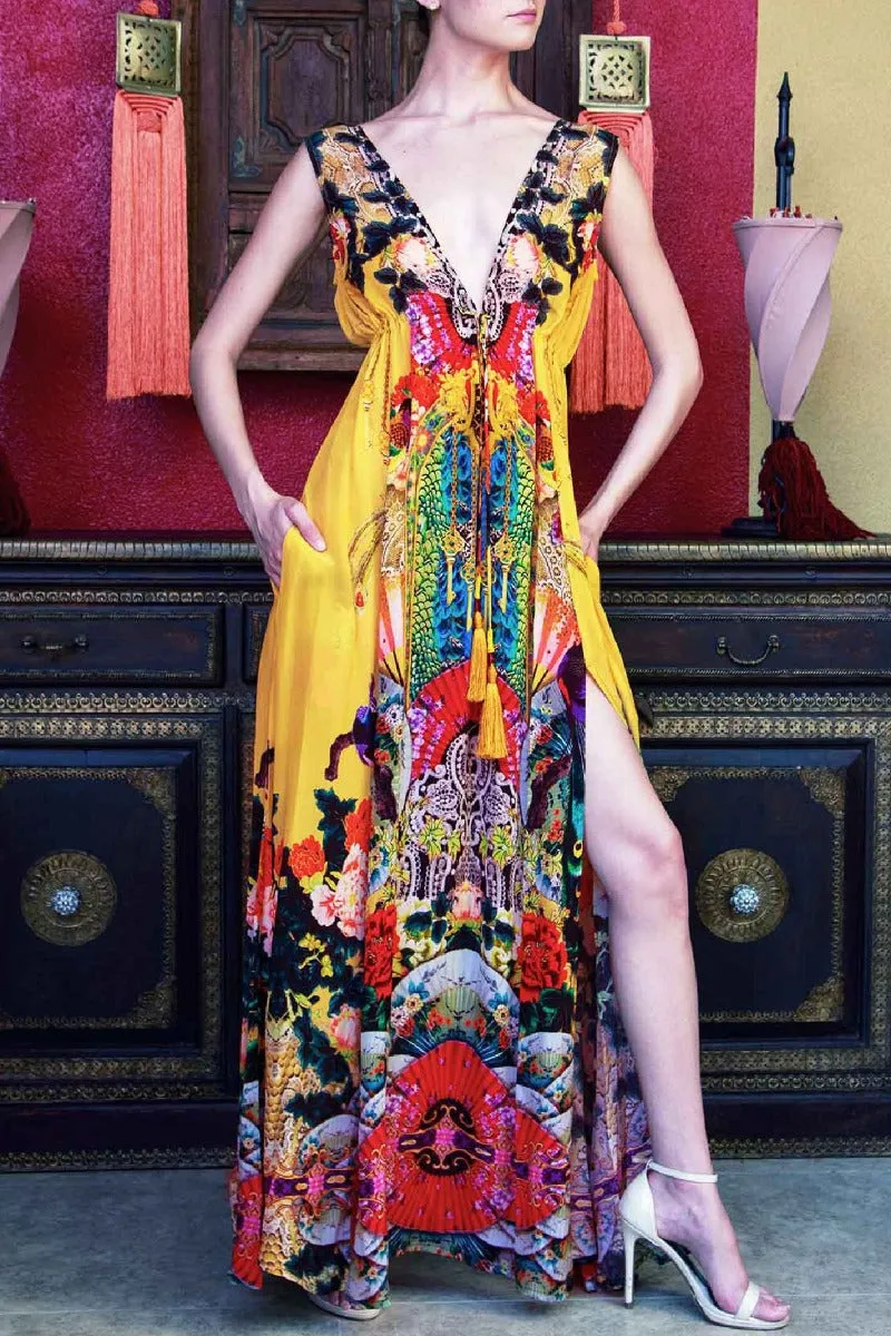 Printed Long Flowy Yellow Dress