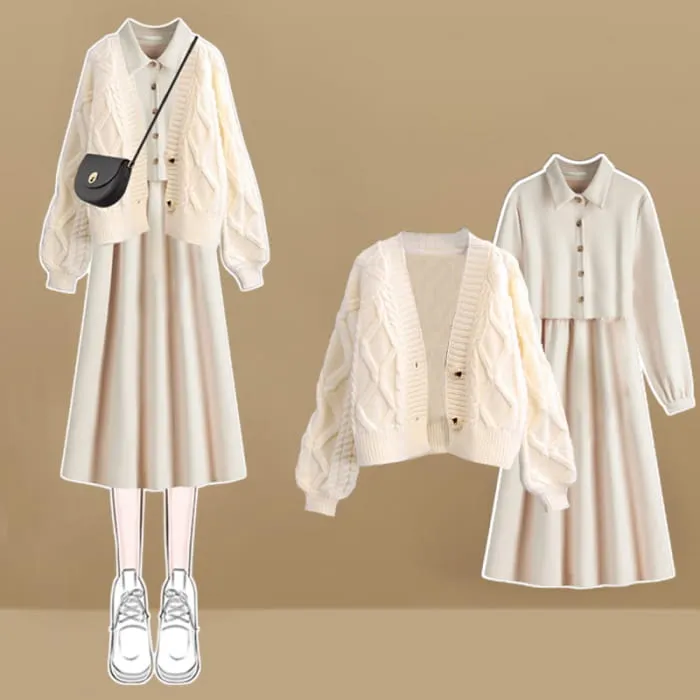 Rhombus Print Cardigan Sweater Laple Long Sleeve Dress