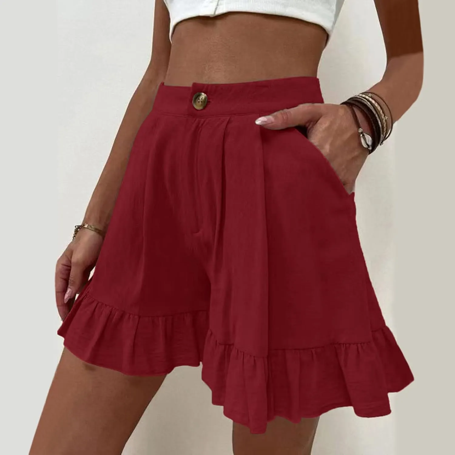 Ruffle Shorts for Women Comfy Casual High Waisted Shorts Wide Leg Summer Beach Lightweight Short Pants with Pockets