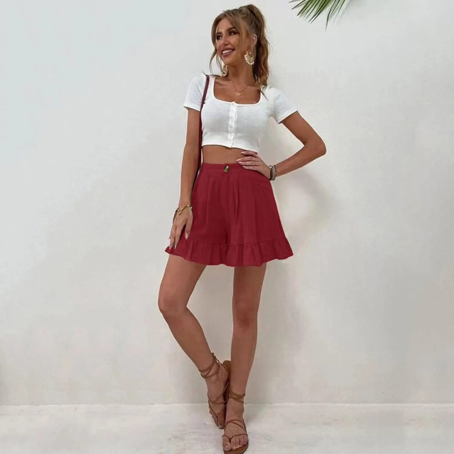 Ruffle Shorts for Women Comfy Casual High Waisted Shorts Wide Leg Summer Beach Lightweight Short Pants with Pockets