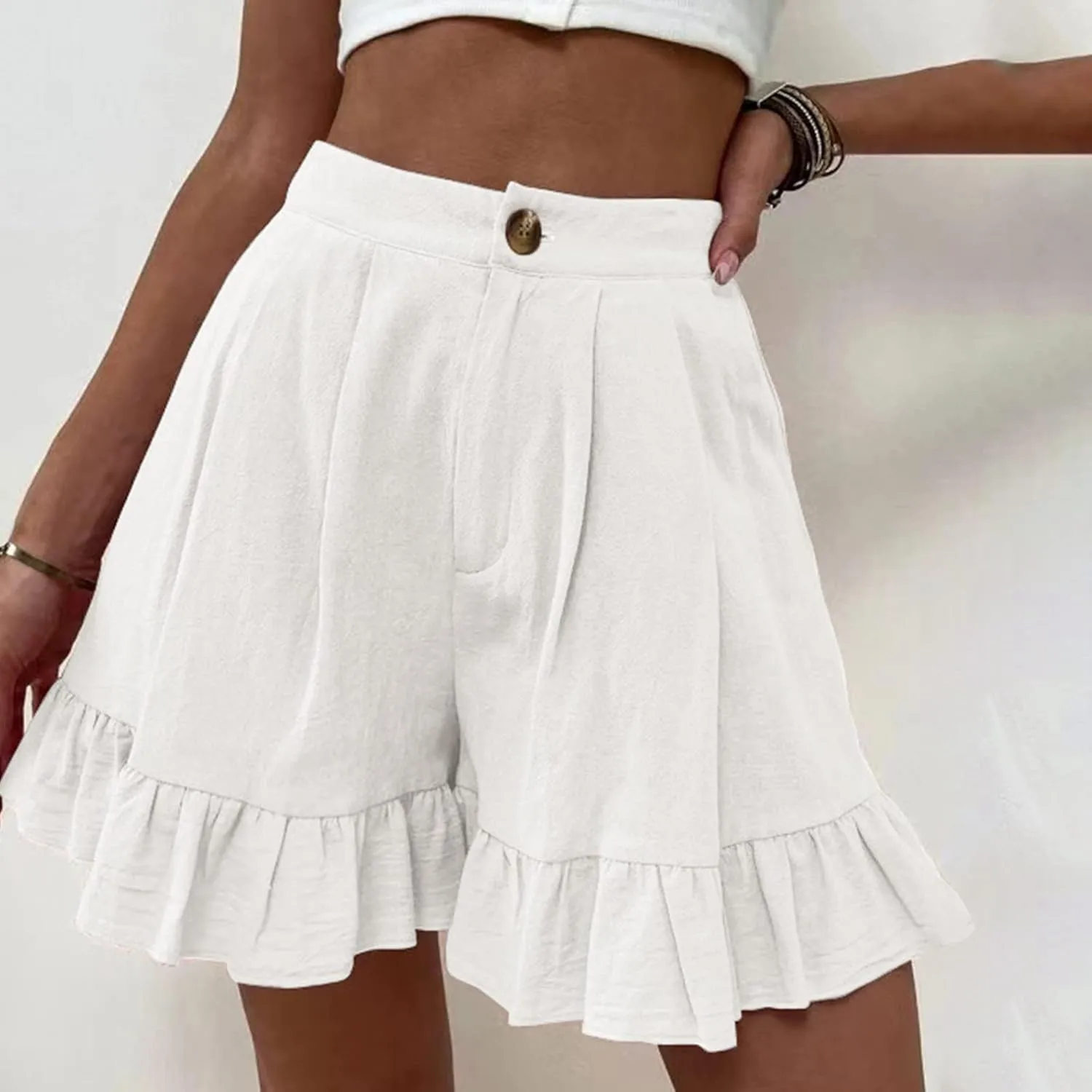 Ruffle Shorts for Women Comfy Casual High Waisted Shorts Wide Leg Summer Beach Lightweight Short Pants with Pockets