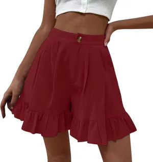 Ruffle Shorts for Women Comfy Casual High Waisted Shorts Wide Leg Summer Beach Lightweight Short Pants with Pockets
