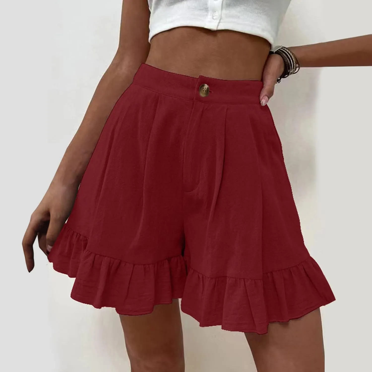 Ruffle Shorts for Women Comfy Casual High Waisted Shorts Wide Leg Summer Beach Lightweight Short Pants with Pockets