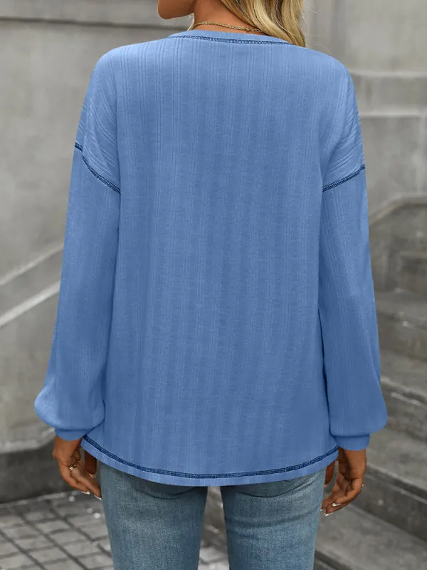 Sabrina Women's Ribbed Brushed Solid Color Round Neck Pocket Casual Loose T-Shirt