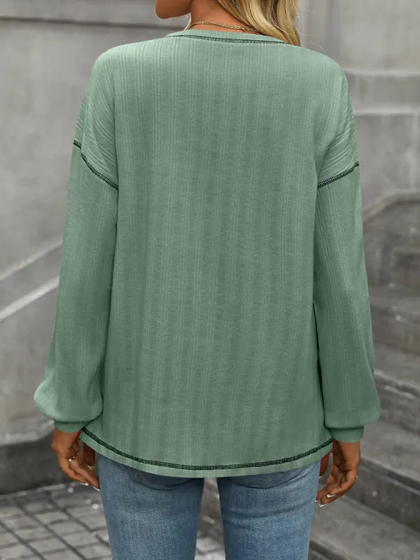 Sabrina Women's Ribbed Brushed Solid Color Round Neck Pocket Casual Loose T-Shirt