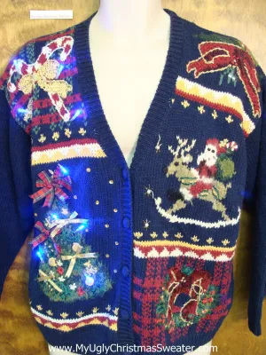 Santa Riding a Reindeer Light Up Ugly Xmas Sweater