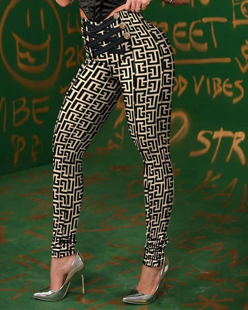 Sexy High Waist Ribbon Lace Geometric Print Leggings