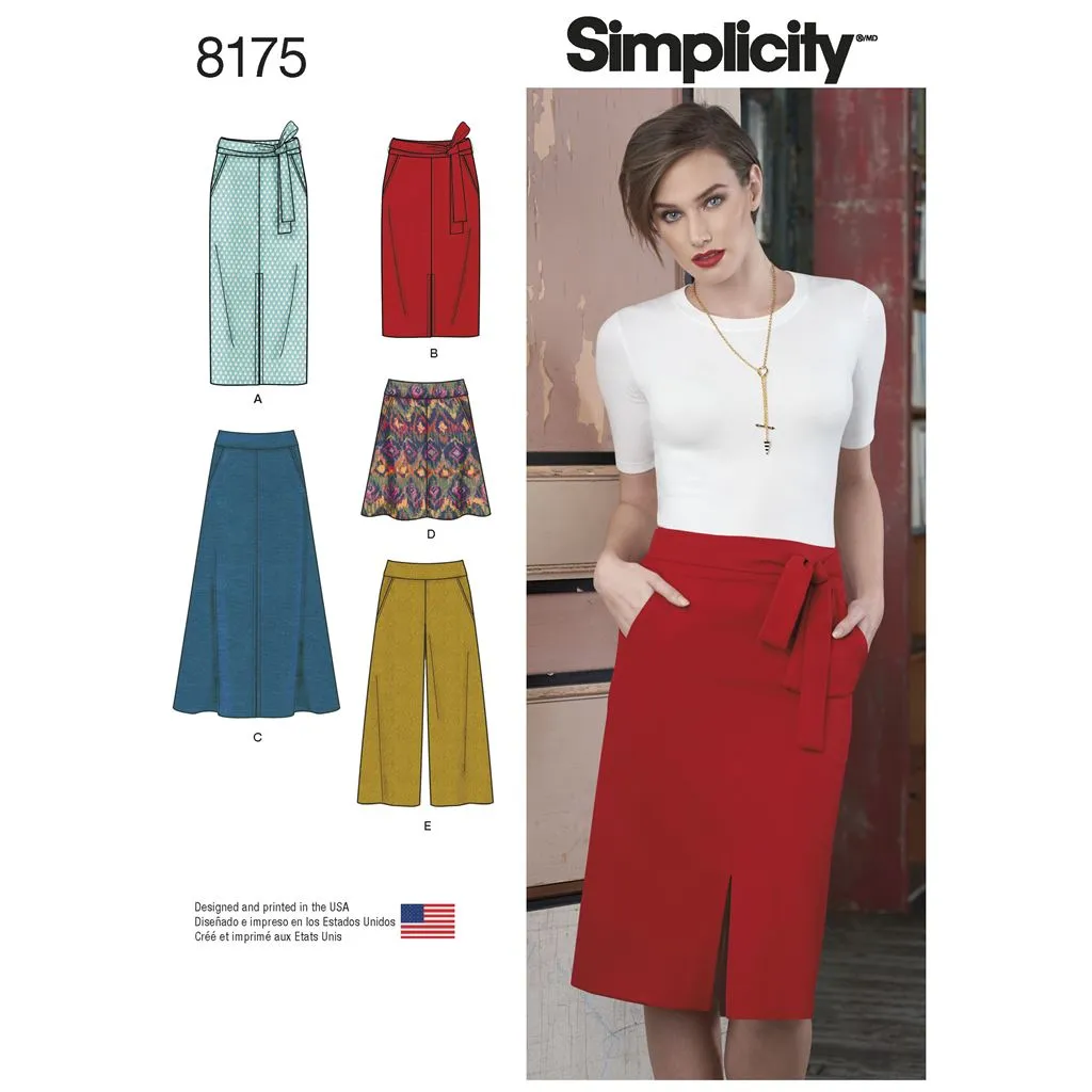 Simplicity Pattern 8175 Women's Slim and Flared Skirts, Cropped Trouser, and Tie Belt