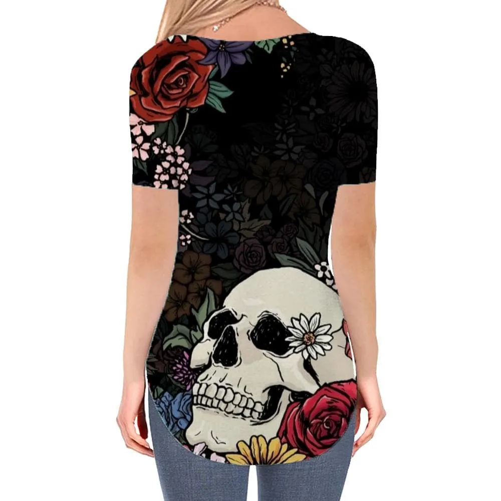 Skull T Shirt Women Flower Shirt Print Colorful T-shirts 3d Graffiti V-neck Tshirt