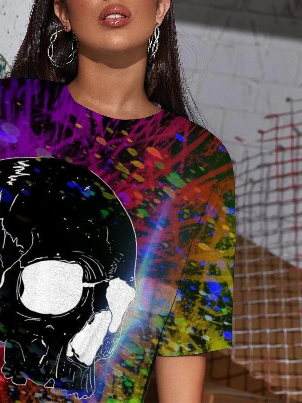 Skull T-shirt Women Graffiti Punk Rock Colorful Gothic Rock Tshirt Printed