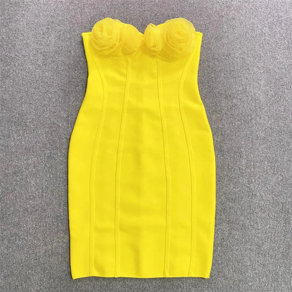Trend4us Women's Chic Strapless Yellow Flower Bodycon Dress